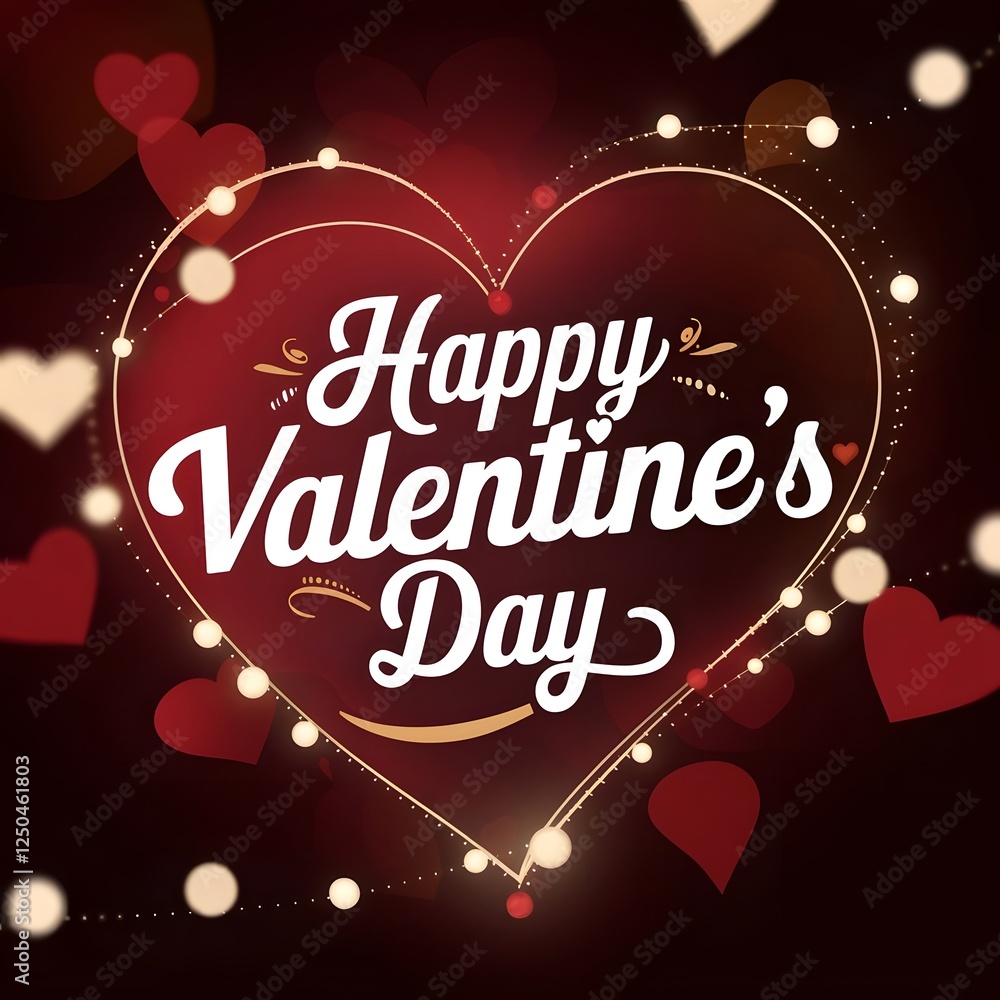 Fototapete valentine's day greeting card, large red heart shape, white cursive text, glowing string lights, bok