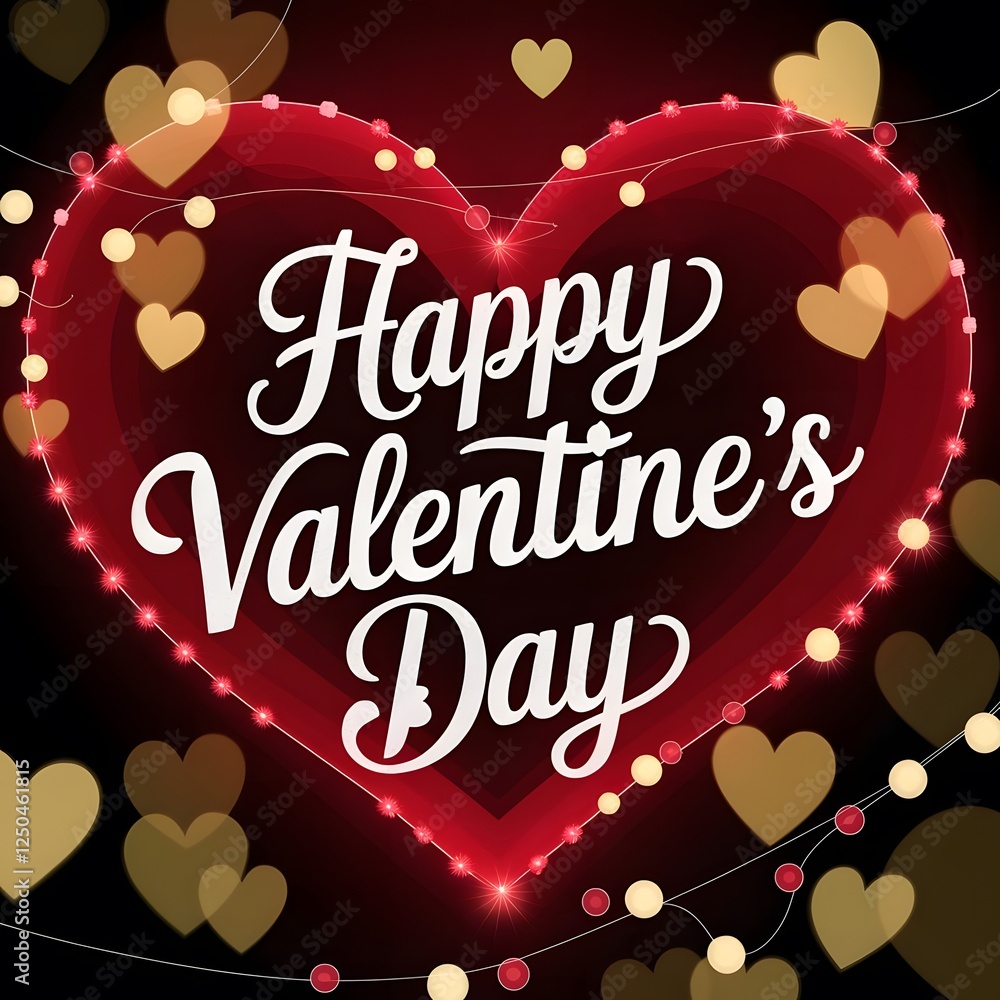 Fototapete valentine's day greeting card, large red heart shape, white cursive text, glowing string lights, bok
