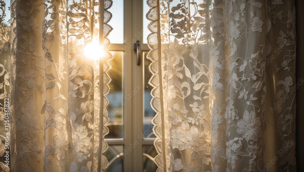 Poster sunlight filtering through intricate embroidered lace curtains creating a warm and inviting ambiance