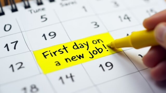 Marked calendar highlighting 'First day on a new job!' with a marker
