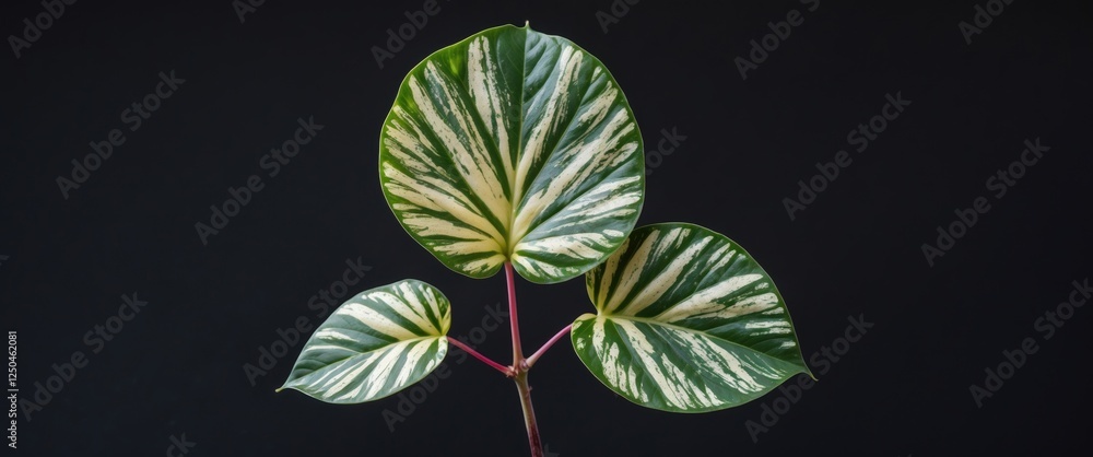 Poster variegated ficus elastica leaves against a black background showcasing intricate patterns and vibran