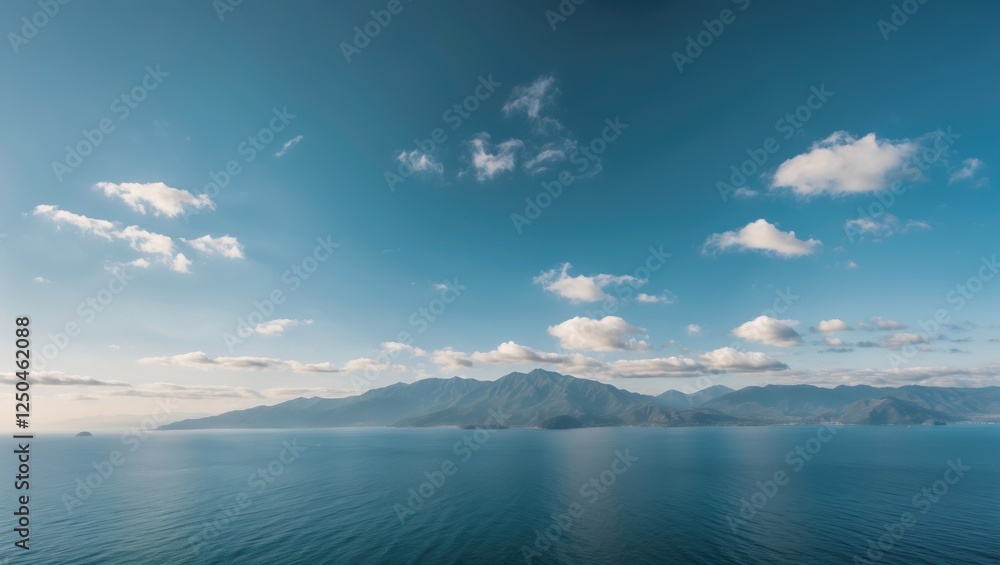 Poster aerial scenic view of ocean and mountain ranges under a clear blue sky with space for custom text or