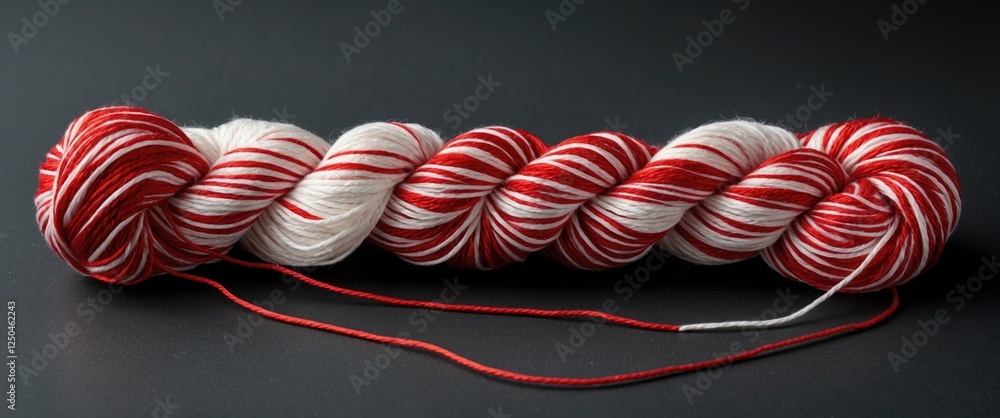 Poster red and white thread skein displayed on a dark background showcasing vibrant colors and detailed tex