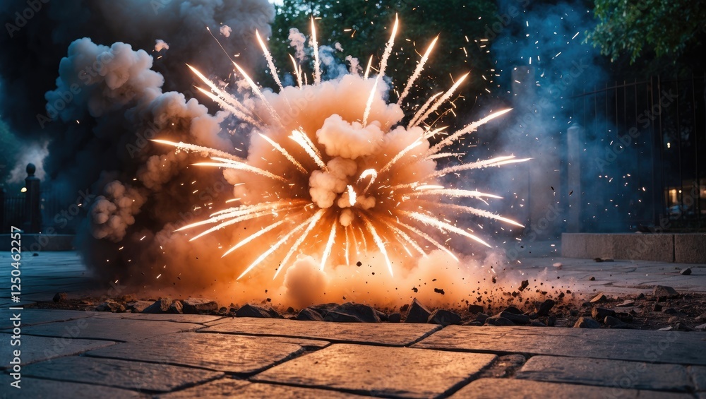 Poster close-up view of a firework explosion igniting smoke and sparks on a stone pavement captured in acti