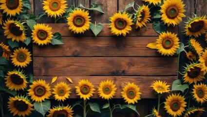 Obraz premium Sunflowers in a rustic setting framing a wooden board perfect for autumn themes or nature-inspired designs with ample copy space.