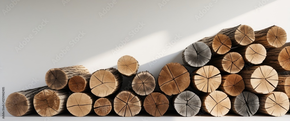 Poster stacked wooden logs with natural textures arranged neatly on a light background showcasing rustic an