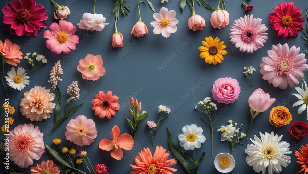 Poster a colorful arrangement of various beautiful flowers on a dark background with empty space for custom