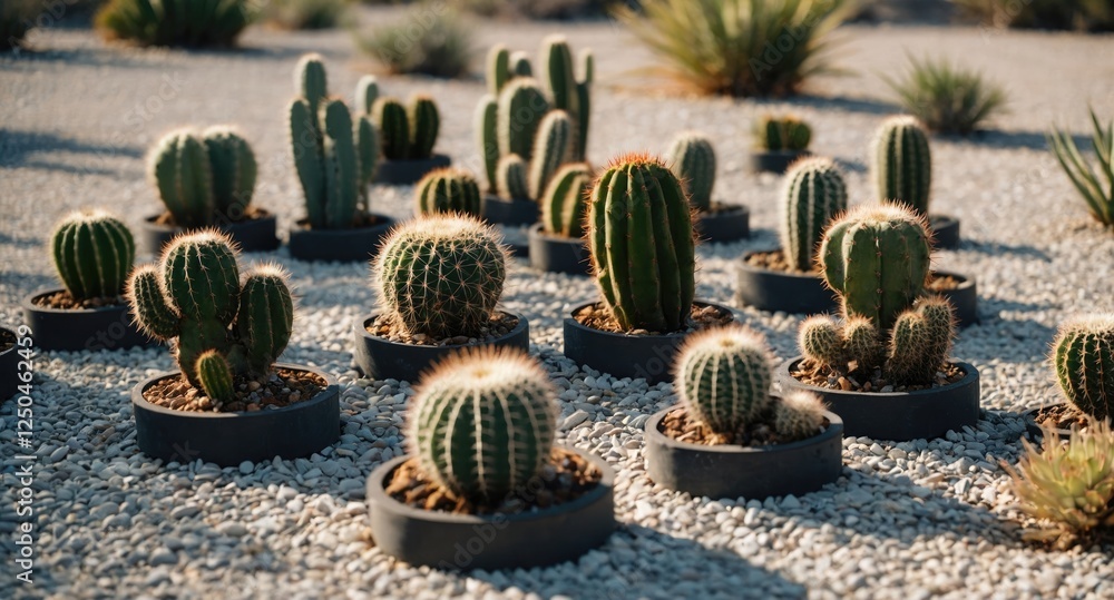 Poster Cacti of various sizes arranged in a circular pattern on white gravel creating a serene atmosphere with ample space for text.