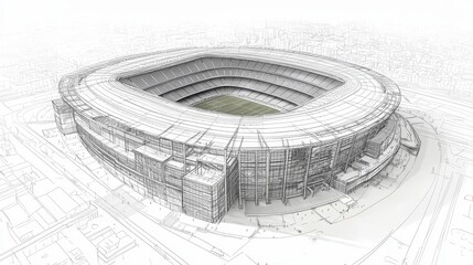 Modern Stadium Architectural Design - Sketch of a large modern stadium, showcasing its architectural design and surrounding landscape.