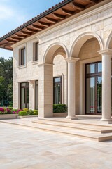 Obraz premium Elegant Residential Building with Stone Finishes and Arched Entryway Surrounded by Lush Landscape