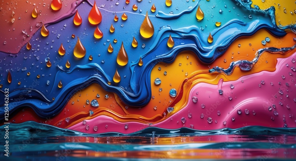 Poster vibrant abstract background with colorful oil drops and flowing waves on a water surface creating a 