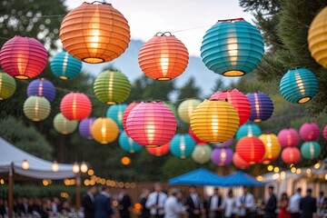 Vibrant Paper Lanterns Dancing in the Wind for Outdoor Celebrations