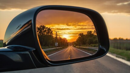 Fototapeta premium Sunset Reflected In Car Side Mirror On Highway