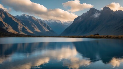 Obraz premium Tranquil lake reflecting majestic mountains under a serene sky showcasing the untouched beauty of nature during daylight hours.