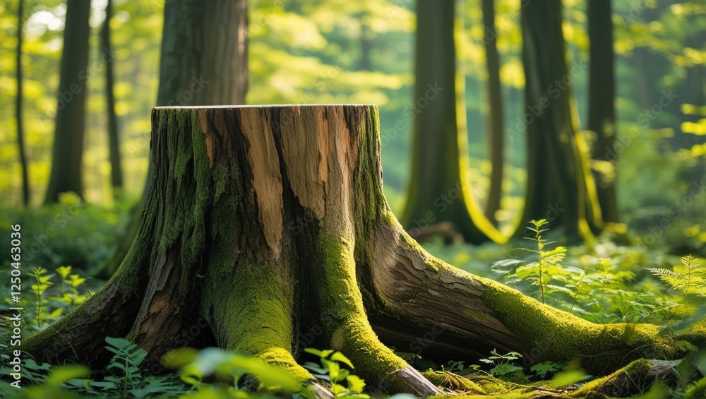 Poster moss-covered tree stump in a tranquil forest setting with sunlight filtering through tall trees and 