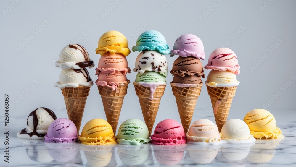 Poster colorful assorted ice cream cones displayed against a clean background showcasing different flavors 