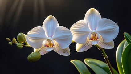 Naklejka premium Elegant white cymbidium orchids illuminated by soft afternoon sunlight against a pure black background creating a serene and sophisticated ambiance.