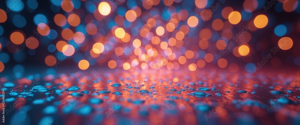 Poster colorful defocused bokeh background with circular light dots and reflections on wet surface for crea