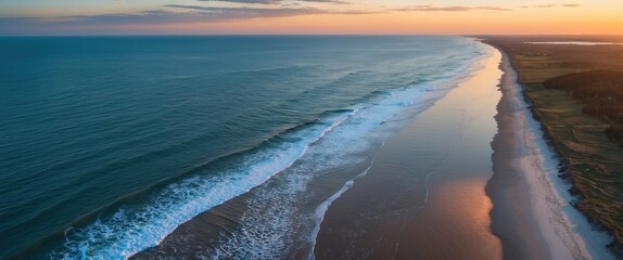 Naklejka premium Aerial Perspective of Serene Beach at Sunset with Gentle Waves and Coastal Landscape Ideal for Text Overlay and Promotional Use