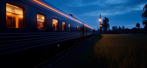 Naklejka premium Night train journey through peaceful countryside under a starlit sky