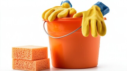 Bright yellow gloves rest gently atop an orange bucket filled with cleaning supplies alongside fresh sponges. Preparing for an invigorating clean, this setup promises efficiency in every task
