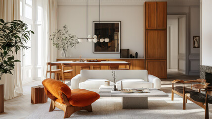 Modern, cozy living room with natural light, warm tones, and elegant furniture.