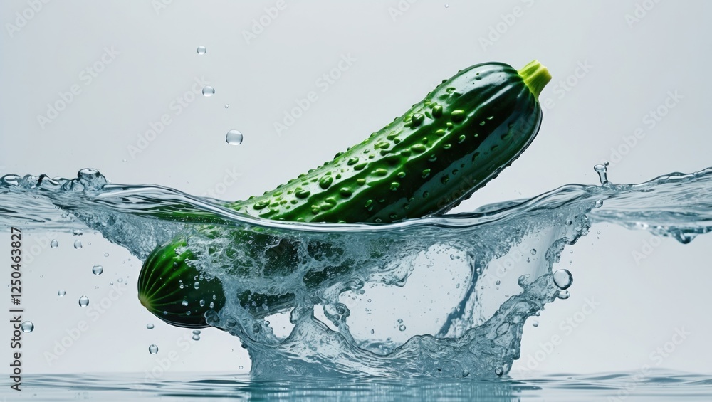 Poster fresh cucumber splashing into clear water creating ripples and bubbles isolated on a light backgroun