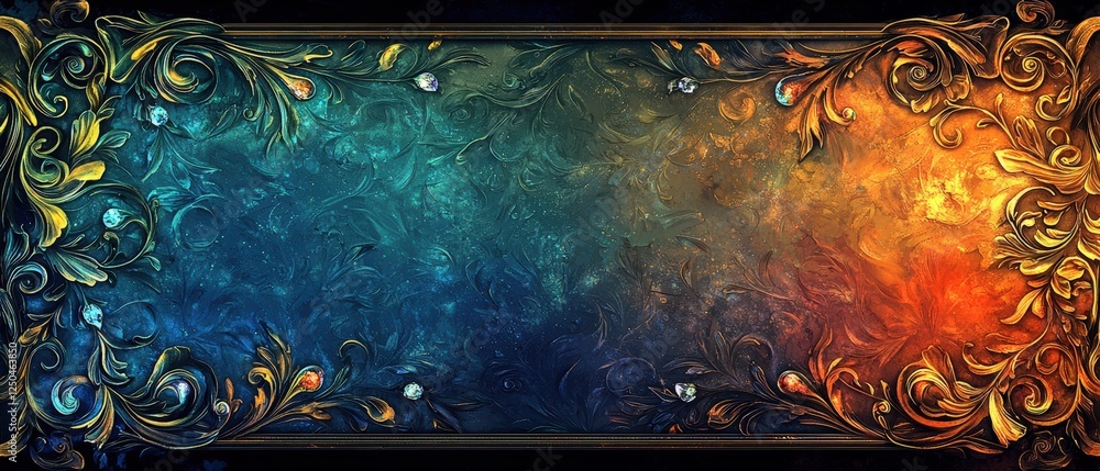 Poster vibrant multicolored artwork with intricate framing and decorative elements in a rich artistic backg
