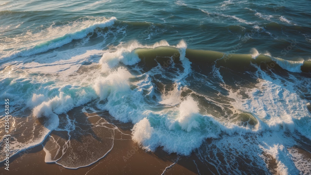 Poster aerial view of ocean waves crashing on the shore capturing the dynamic movement and serenity of coas