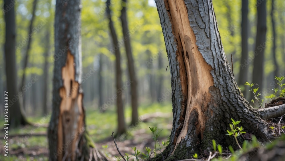 Poster close-up of a tree trunk with missing bark surrounded by vibrant spring foliage in a serene forest s
