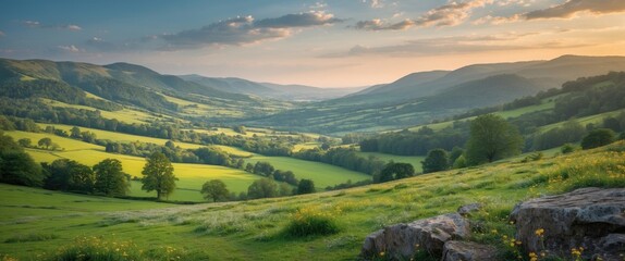 Obraz premium Breathtaking panoramic view of lush green hills under a serene sky showcasing the beauty of nature and landscapes in golden hour light.