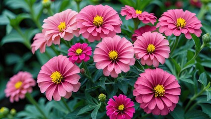 Vibrant close-up of blooming pink Zinnia flowers with yellow centers surrounded by lush green foliage in a vivid garden setting.
