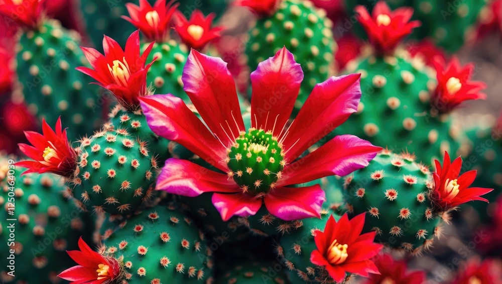 Poster vibrant macro closeup of a red flower atop a green cactus displaying intricate details and colorful 