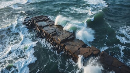 Dynamic Aerial View of Waves Crashing Against a Rocky Jetty in Turbulent Waters