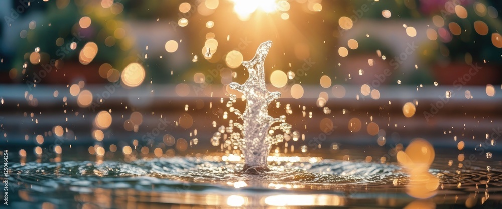 Poster sunlit fountain with sparkling water droplets creating a dreamy and ethereal atmosphere in a serene 