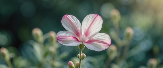 Fototapeta premium Delicate pink and white flower in focus with soft green foliage in background showcasing nature's beauty and vibrant colors.