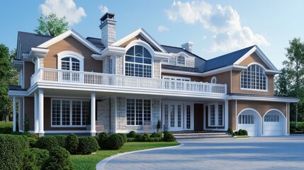 Obraz premium Elegant Exterior of a Luxurious Two-Story Home with Manicured Landscaping