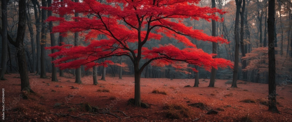 Poster vibrant red maple tree in autumn forest surrounded by trees with fallen leaves creating a serene and