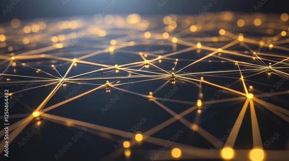 Poster abstract network connection with golden nodes and glowing lines design