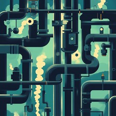 Abstract illustration of interconnected pipes and steam in a vibrant designed environment.
