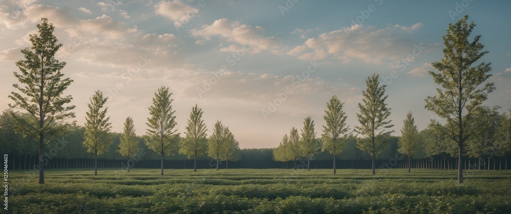 Aufkleber serene landscape of a sky with scattered clouds framed by a neatly lined row of lush green trees in 