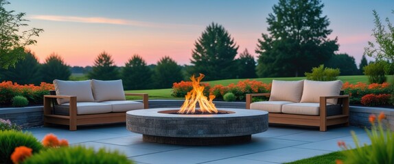 Obraz premium Modern outdoor seating area with fire pit in serene summer evening setting and empty space for text or branding.