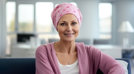 Portrait of the patient woman after chemotherapy female cancer patient wearing head scarf 