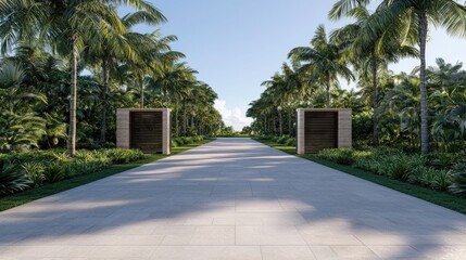 Obraz premium Gated Community Driveway with Secure Access Points Surrounded by Lush Tropical Landscaping