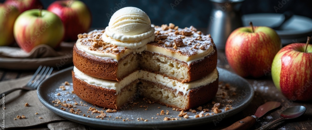 Poster delicious slice of apple cake topped with creamy ice cream and nuts on a rustic wooden table with fr
