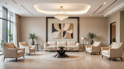 This image shows a modern, minimalist living room with a neutral color scheme, featuring a beige sofa, armchairs, a round coffee table, and potted plants.	
