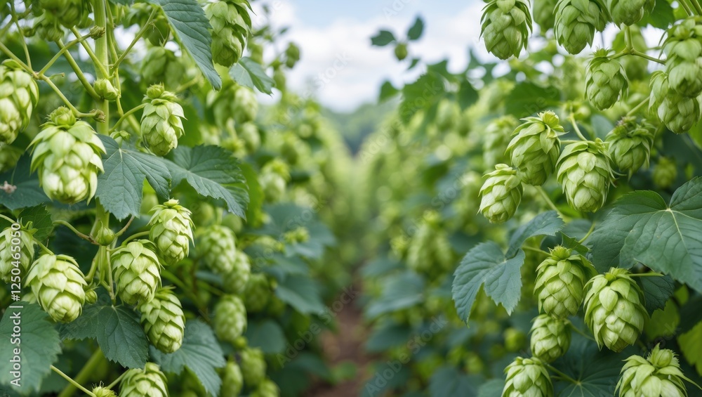 Poster lush green hop plants in a field with abundant cones and empty space for text overlay suitable for b