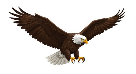 Fototapeta premium Majestic bald eagle in flight, spread wings, detailed feathers, sharp talons, white head, yellow beak, brown body, soaring pose, patriotic symbol, wildlife illustration
