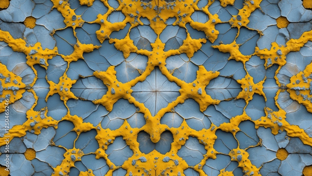 Poster symmetrical pattern of yellow tree lichens on a blue surface creating a stunning mirror effect and i
