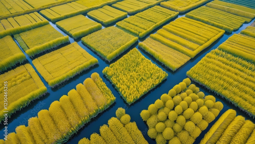 Poster aerial view of vibrant yellow crop fields with unique patterns and text space for nature and agricul